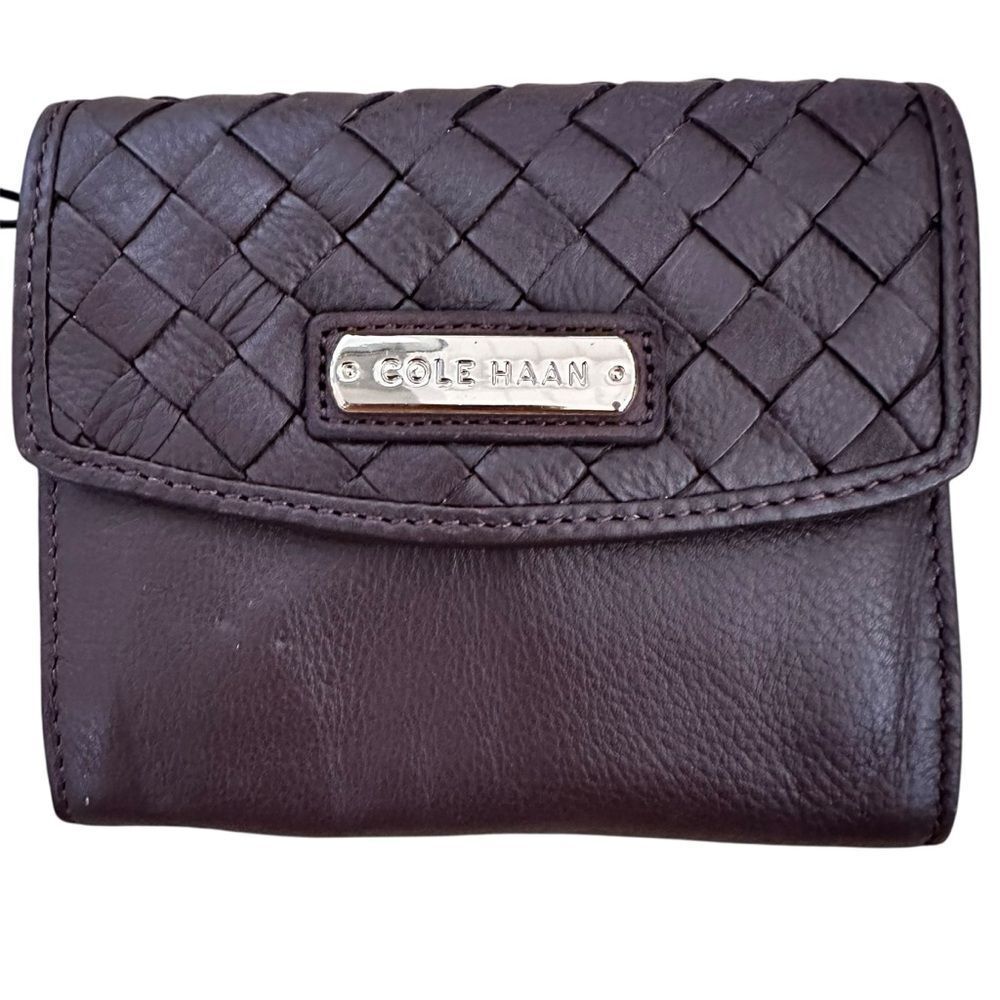 Cole Haan Dark Brown Woven Leather Wallet ~ NWT ~ fabric interior